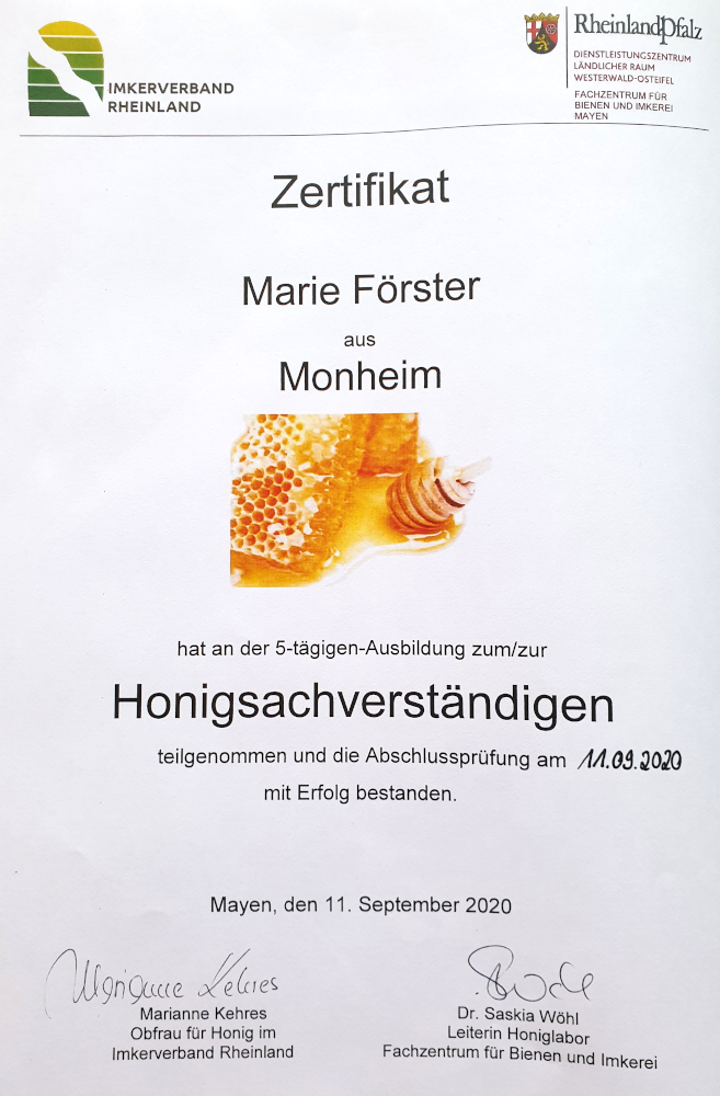 Zertifikat Honigsachverständige